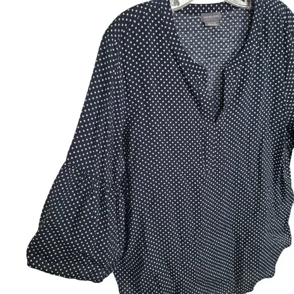 Van Heusen Womens XL Top Polka Dot Bell Sleeve Blouse Rayon Blend V Neck Blue - Picture 5 of 11